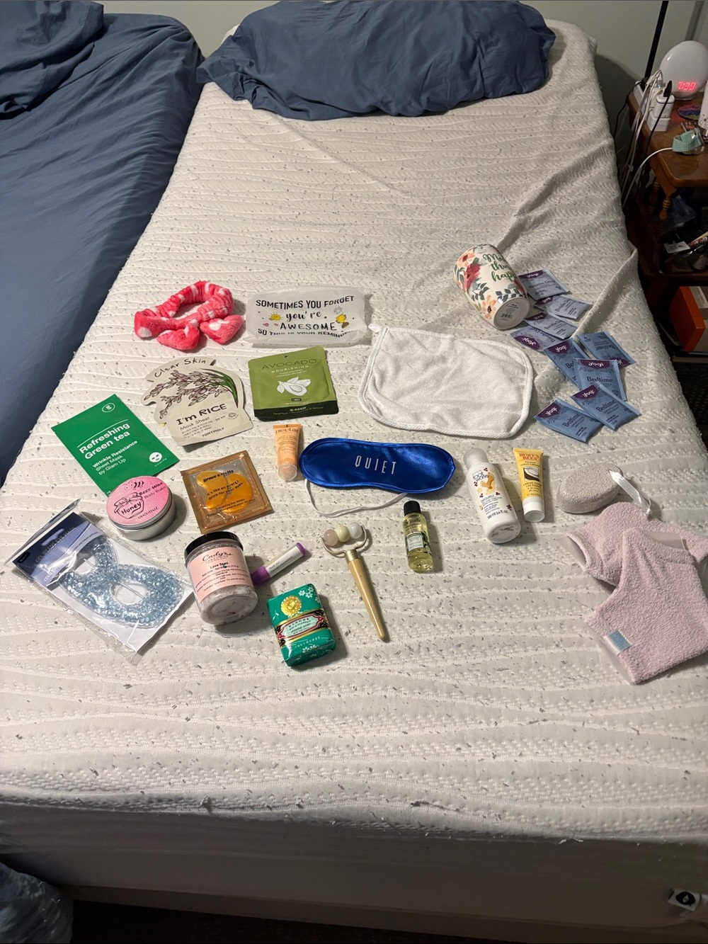Self-Care Gift Bundle — Eye, face masks, foot care, bath salts, lip balm, etc